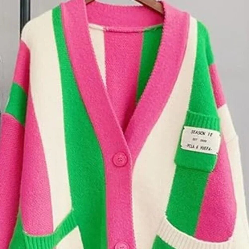 Watermelon Boxy Color Block Colourful Cardigan Sweater - Picture 2 of 5